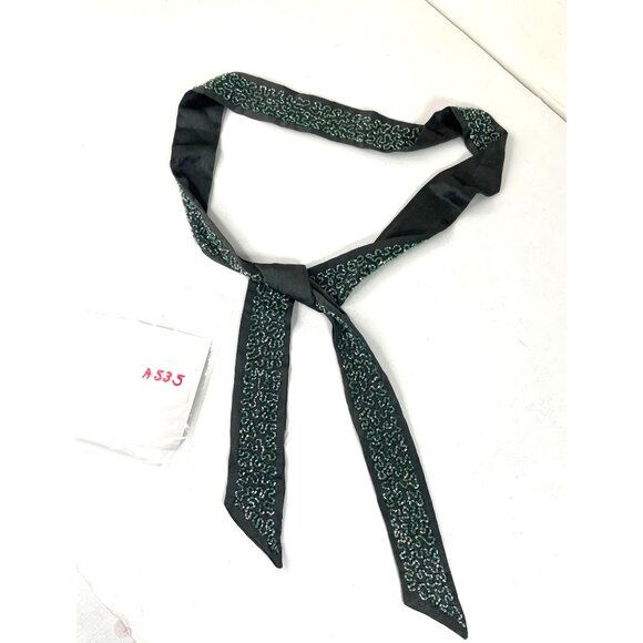 Handcrafted Black & Green Beaded Silk Scarf A535 - Picture 5 of 5